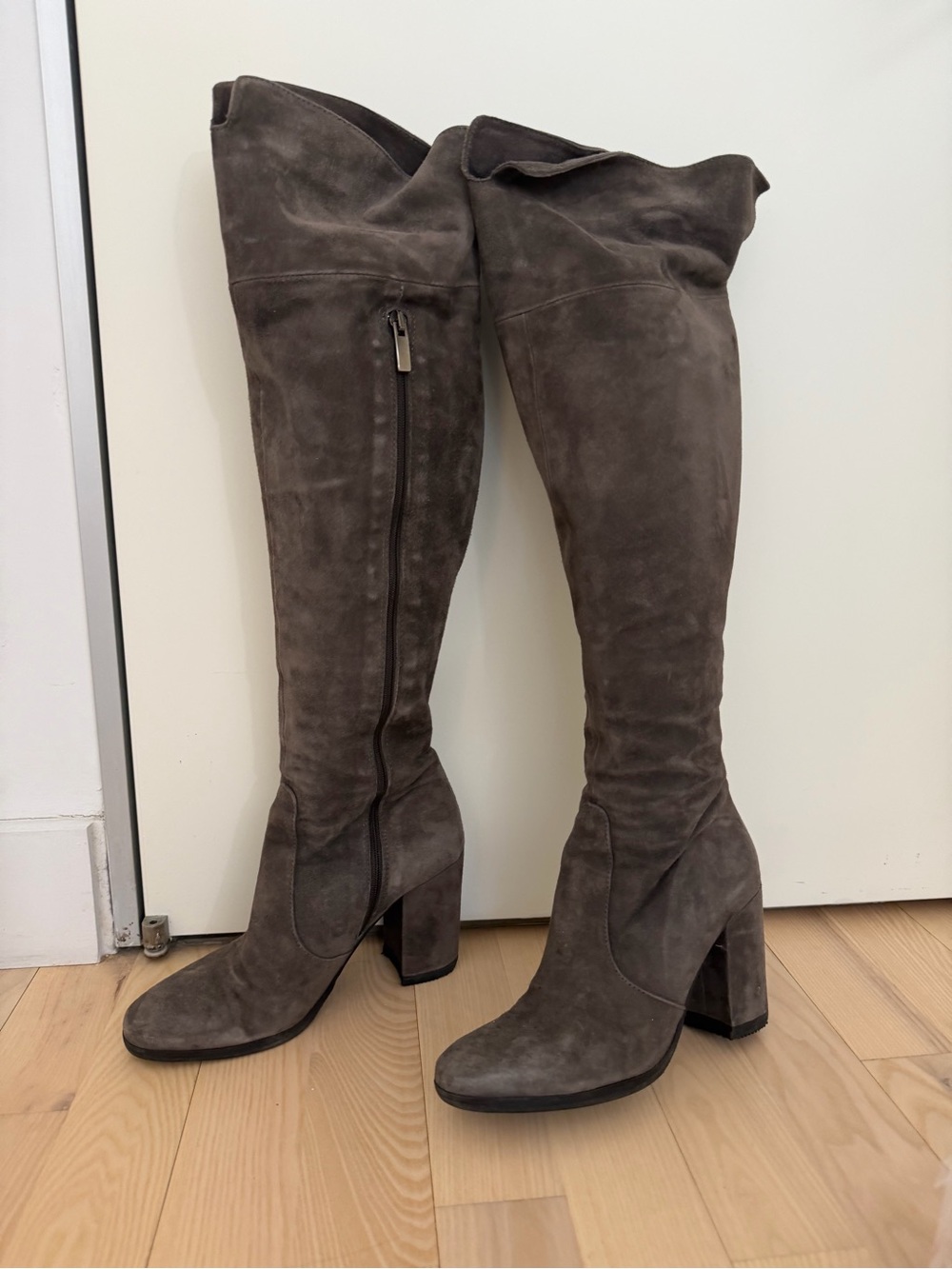 Over-the-Knee Suede Block Heel Boots - Gray